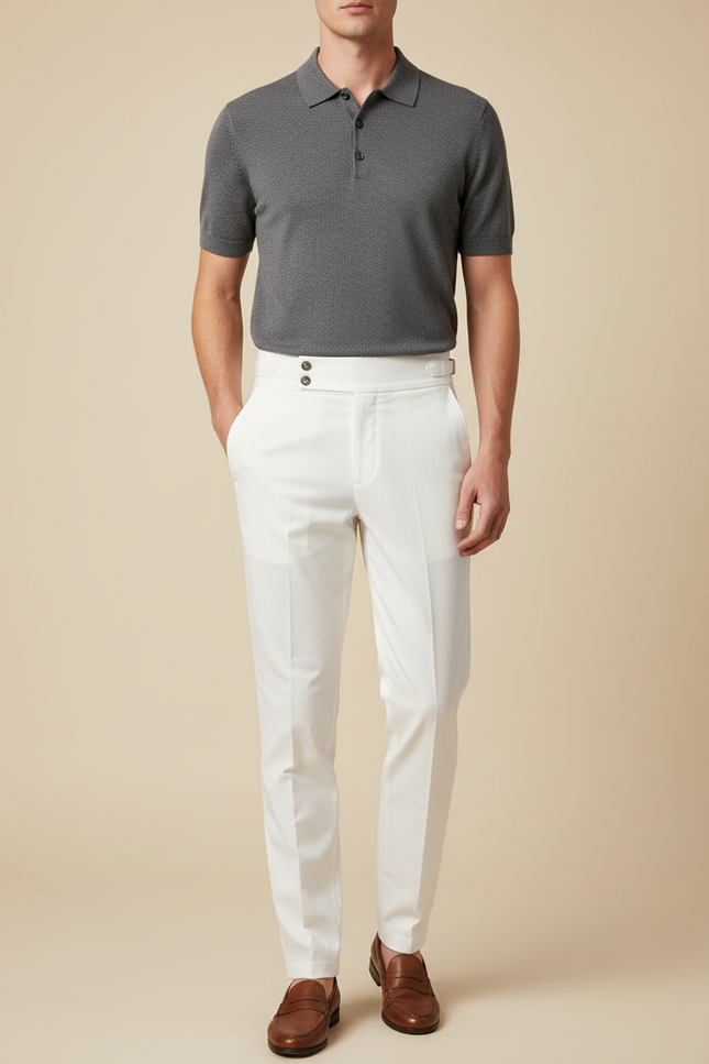 Pantalon Chino Blanc Cassé Taille Haute Élégant Homme - Gabardine
