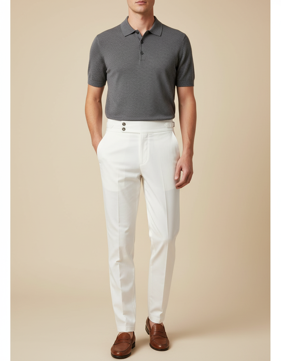 Pantalon Chino Blanc Cassé Taille Haute Élégant Homme - Gabardine