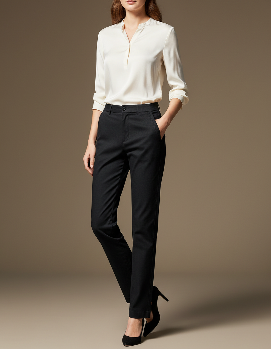 Pantalon Chino Noir Coton Droit Élégant Femme
