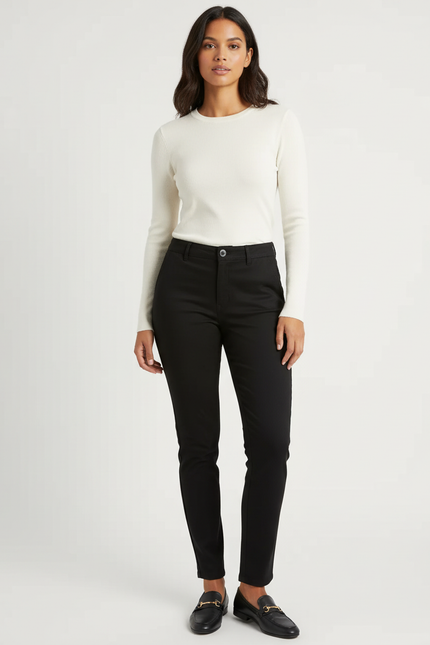 Pantalon Chino Noir Slim Confortable Femme Élégant - Gabardine