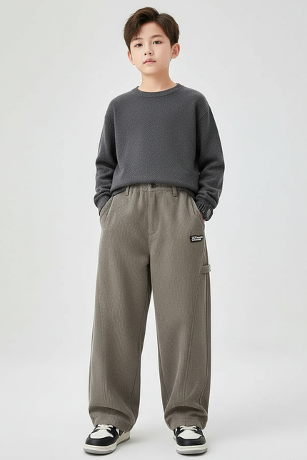 Pantalon Chino Kaki Côtelé Ample Enfant Décontracté - Cordé