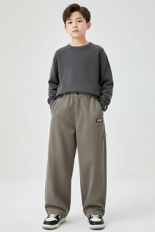 Pantalon Chino Kaki Côtelé Ample Enfant Décontracté - Cordé