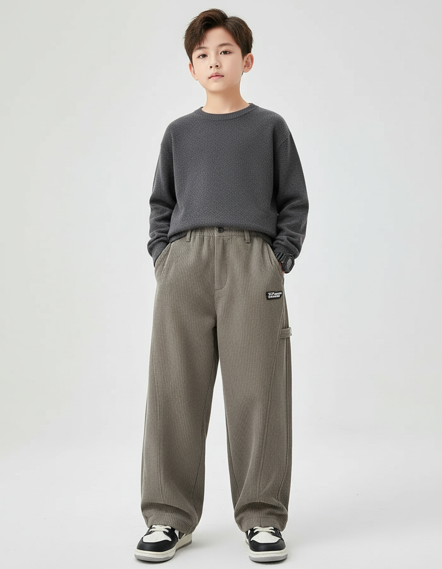 Pantalon Chino Kaki Côtelé Ample Enfant Décontracté - Cordé