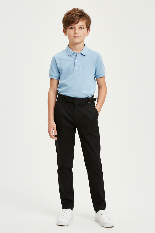 Pantalon Chino Noir Plissé Ceinture Élégant Enfant - Gabardine