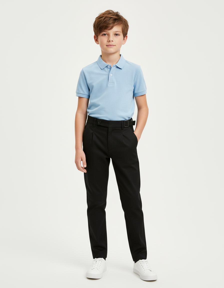 Pantalon Chino Noir Plissé Ceinture Élégant Enfant - Gabardine