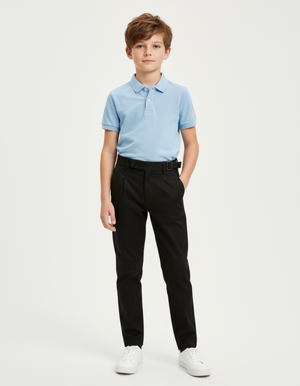 Pantalon Chino Noir Plissé Ceinture Élégant Enfant - Gabardine