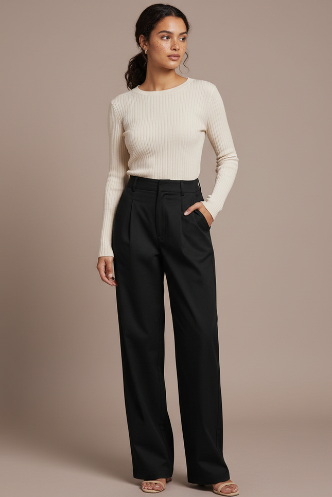 Pantalon Chino Noir Taille Haute Droit Élégant - Gabardine