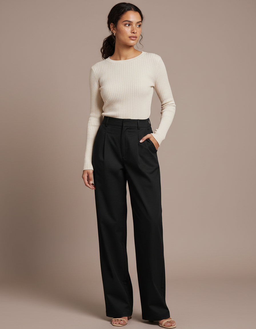 Pantalon Chino Noir Taille Haute Droit Élégant - Gabardine