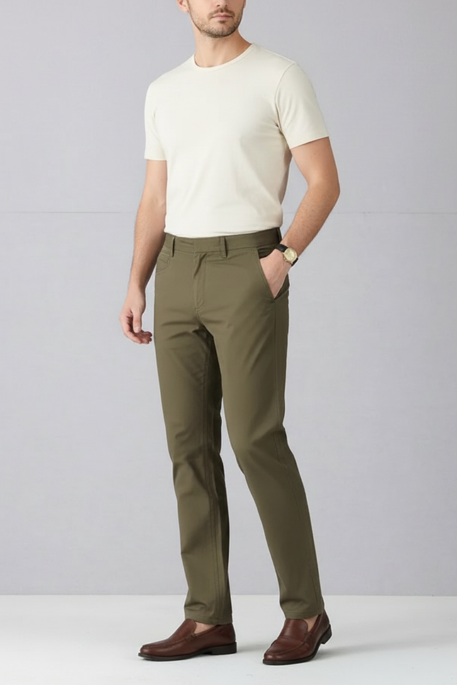 Pantalon Chino Olive Homme Coton Stretch Coupe Droite - Kaki