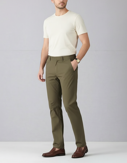 Pantalon Chino Olive Homme Coton Stretch Coupe Droite - Kaki