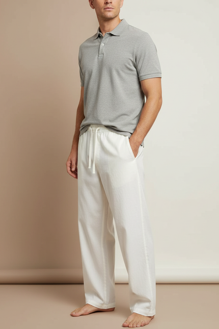 Pantalon Chino Blanc Lin Ample Cordon Homme