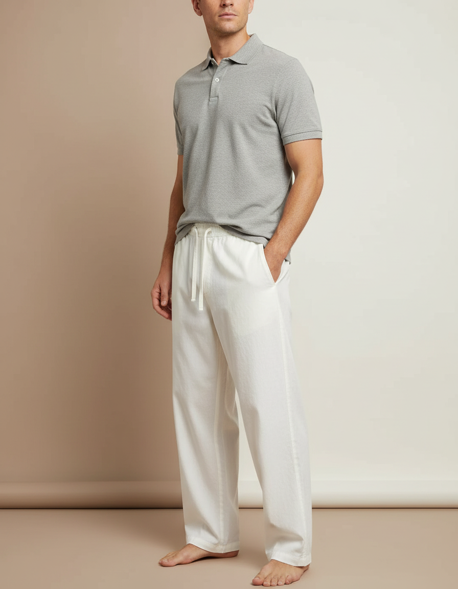 Pantalon Chino Blanc Lin Ample Cordon Homme