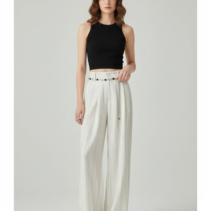 Pantalon Chino Blanc Rayé Large Fluide Élégant - Viscose