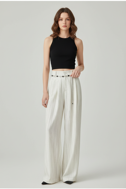 Pantalon Chino Blanc Rayé Large Fluide Élégant - Viscose
