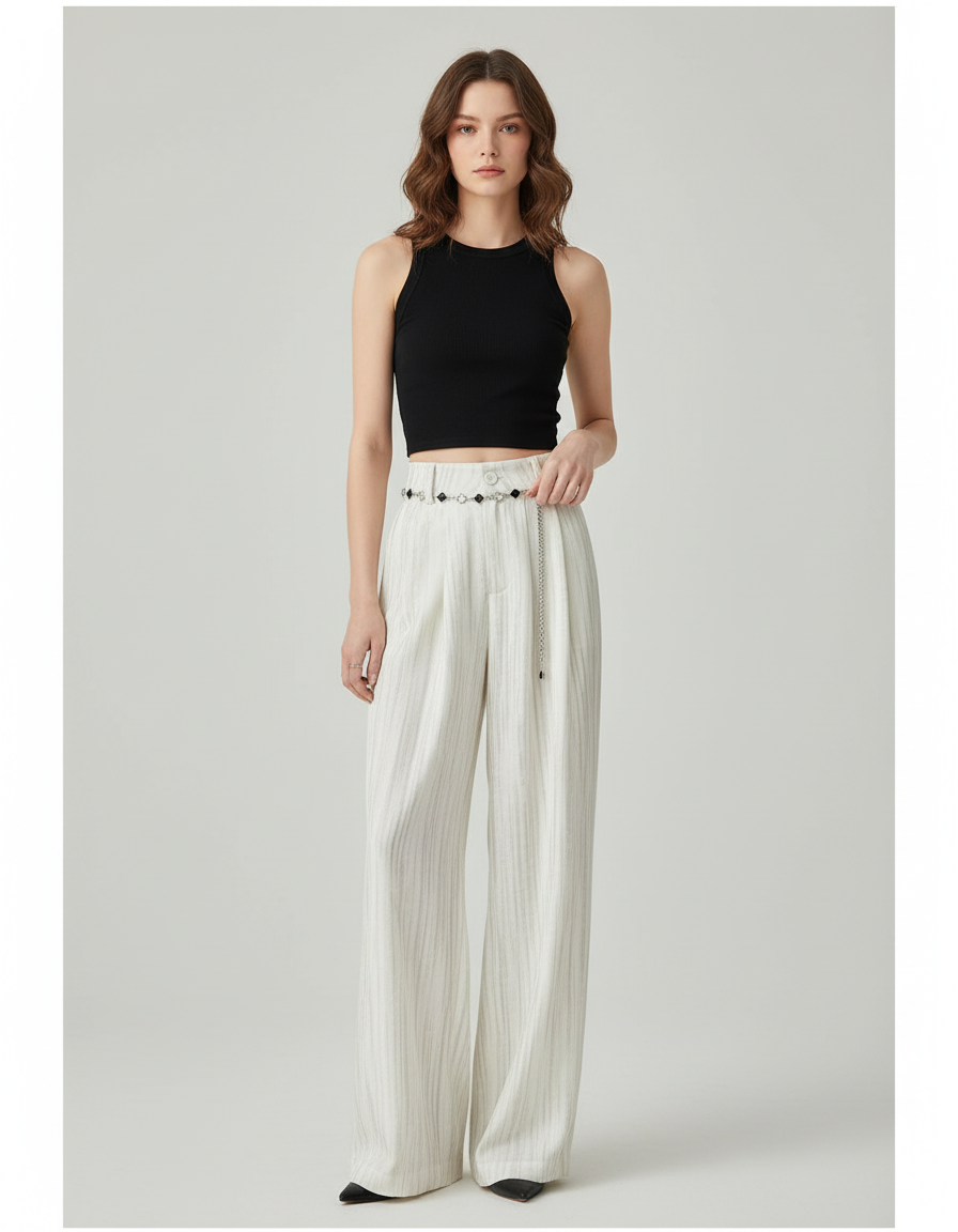 Pantalon Chino Blanc Rayé Large Fluide Élégant - Viscose