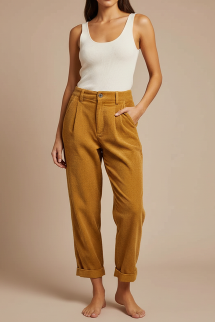 Pantalon Chino Côtelé Marron Ample Taille Haute Femme - Cordé