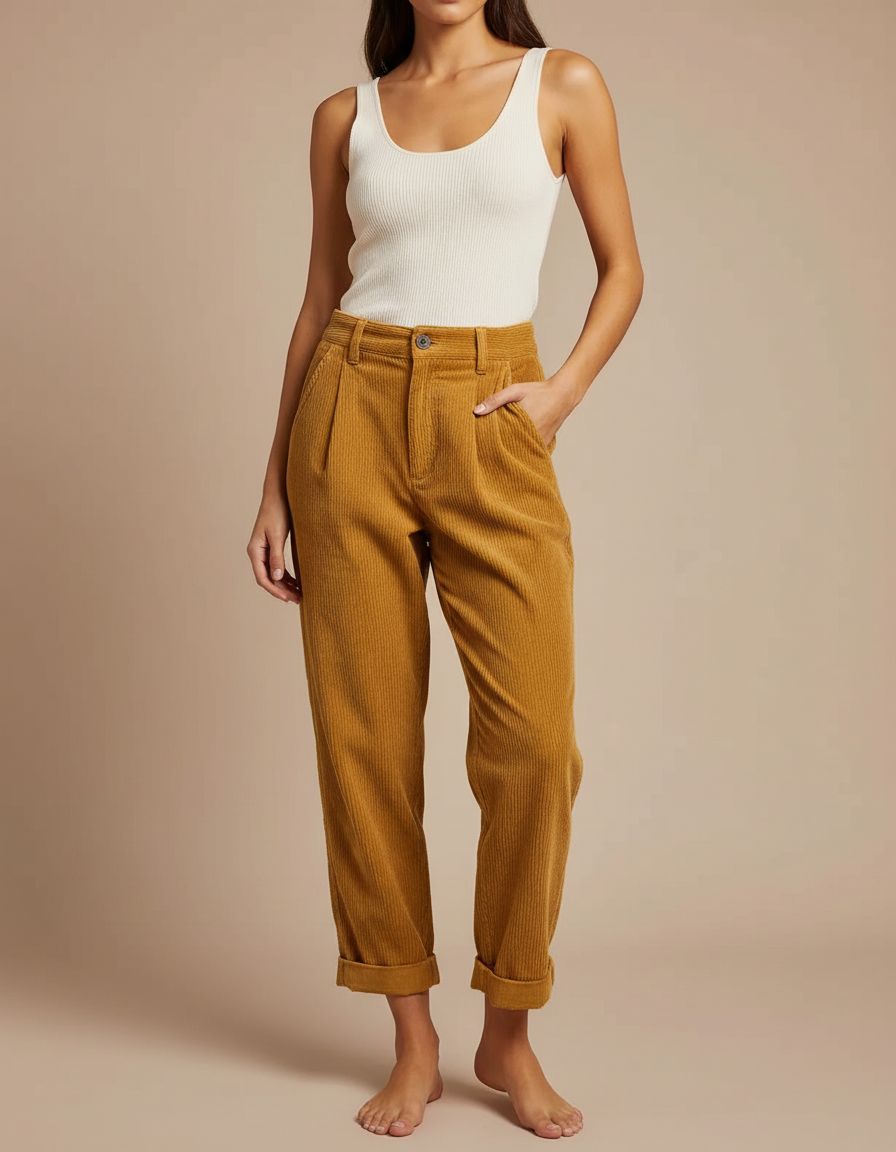 Pantalon Chino Côtelé Marron Ample Taille Haute Femme - Cordé