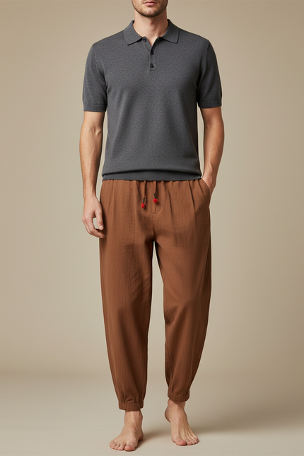 Pantalon Chino Marron Lin Coton Ample Décontracté Homme