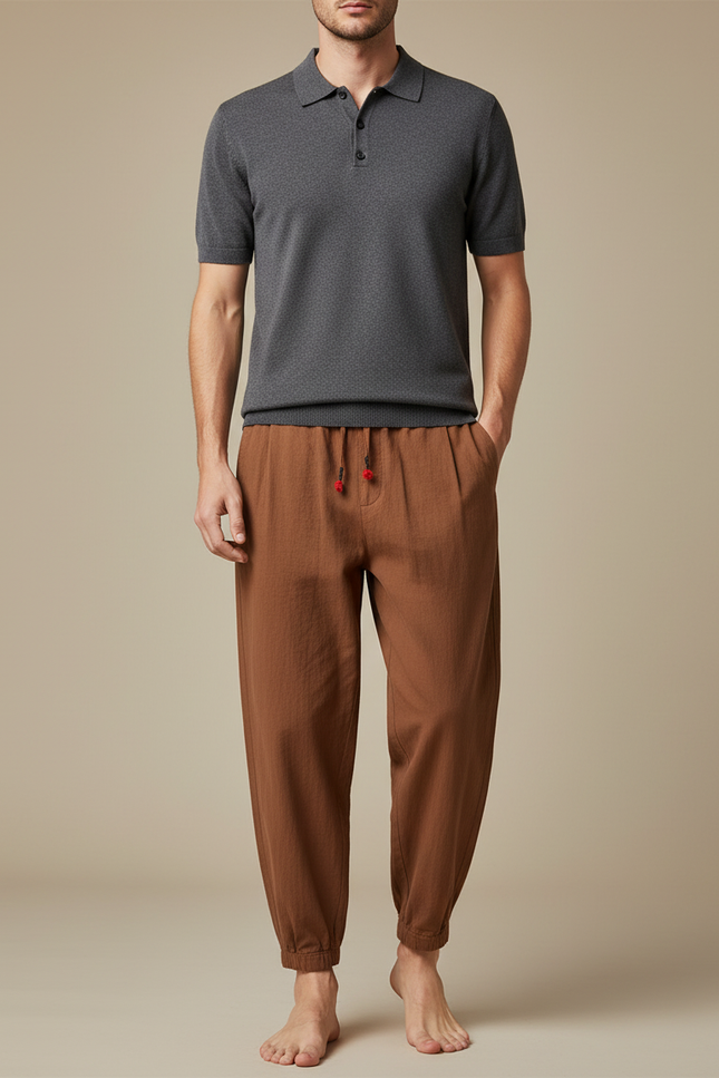 Pantalon Chino Marron Lin Coton Ample Décontracté Homme