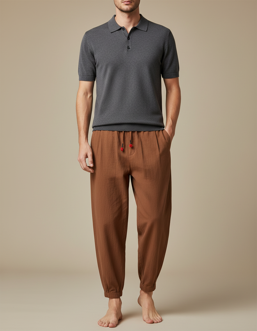 Pantalon Chino Marron Lin Coton Ample Décontracté Homme