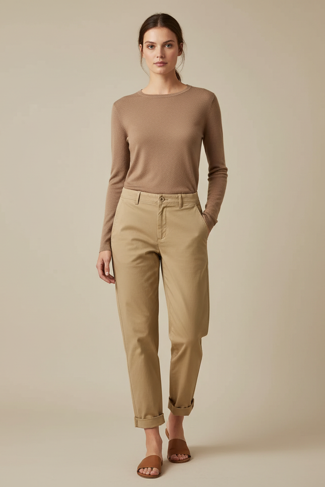 Pantalon Chino Kaki Ample Décontracté Femme - Gabardine