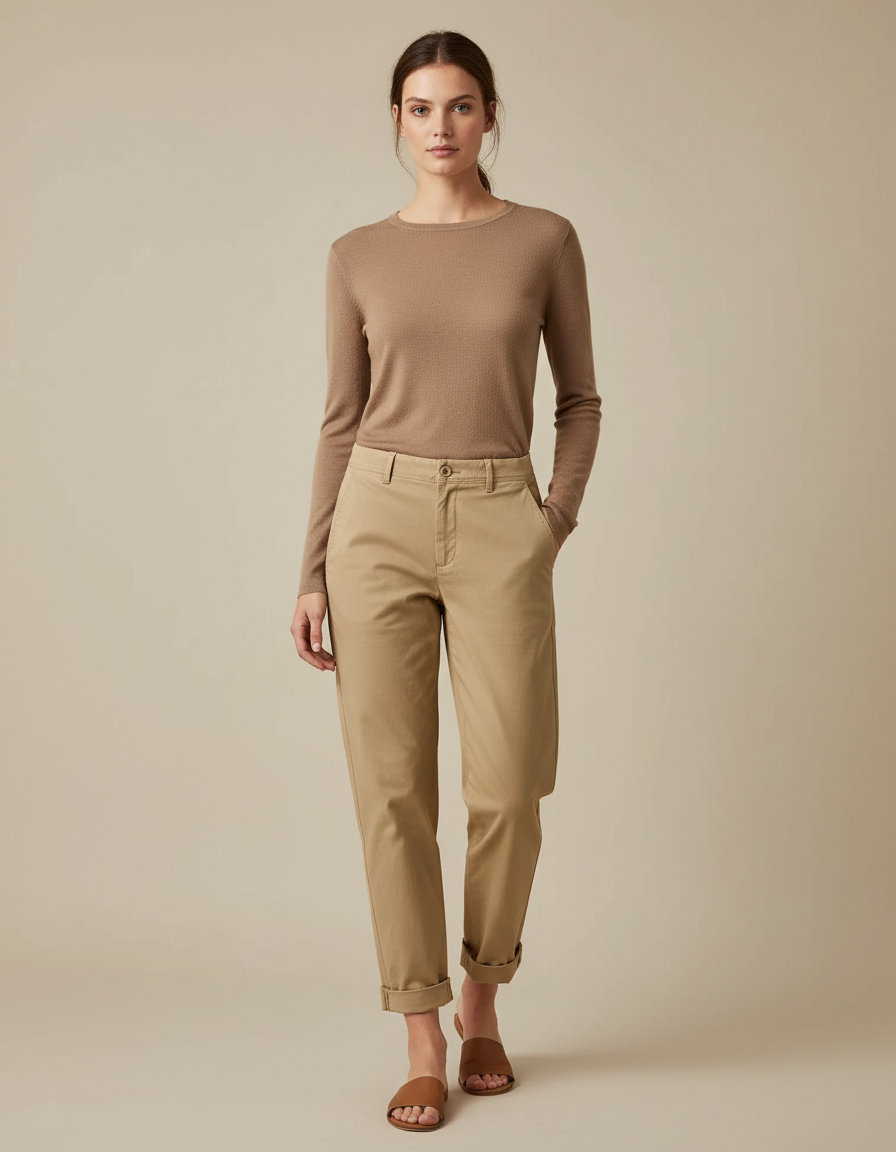 Pantalon Chino Kaki Ample Décontracté Femme - Gabardine