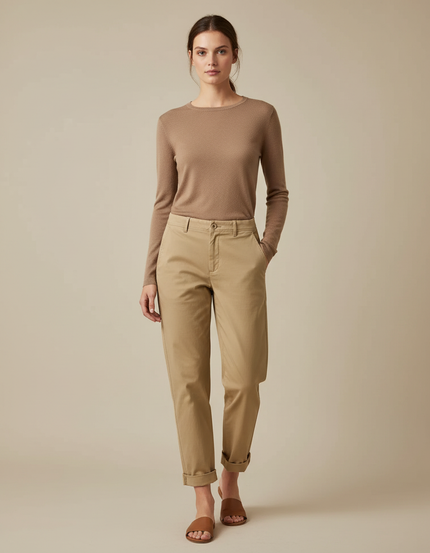 Pantalon Chino Kaki Ample Décontracté Femme - Gabardine