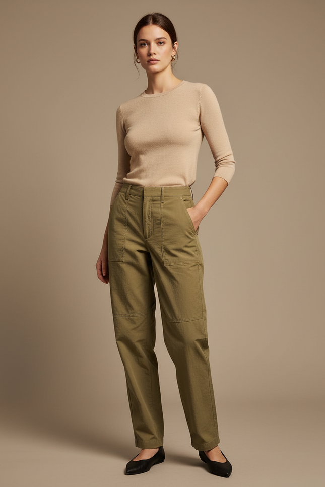 Pantalon Chino Vert Olive Cargo Décontracté Femme - Kaki Coton