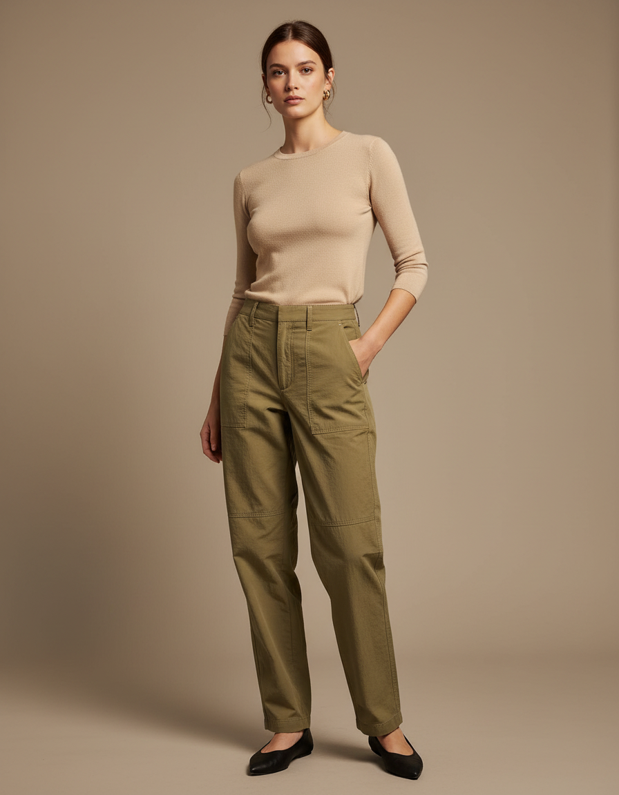 Pantalon Chino Vert Olive Cargo Décontracté Femme - Kaki Coton