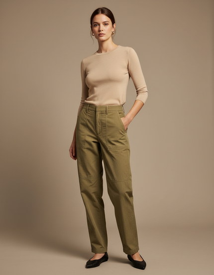 Pantalon Chino Vert Olive Cargo Décontracté Femme - Kaki Coton