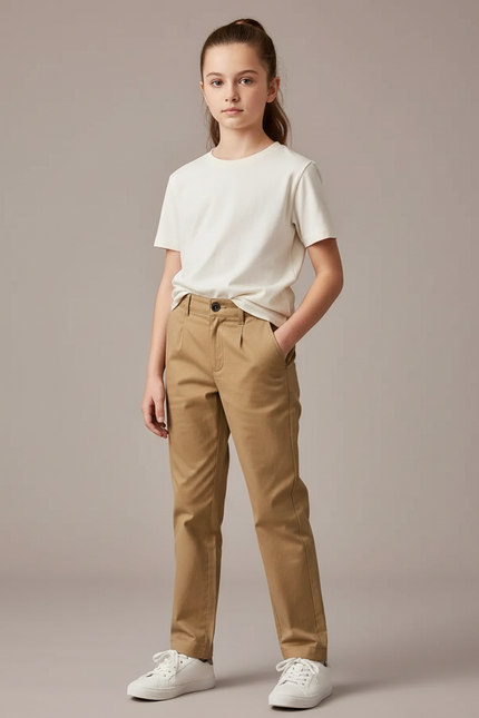 Pantalon Chino Kaki Coton Plissé Droit Enfant
