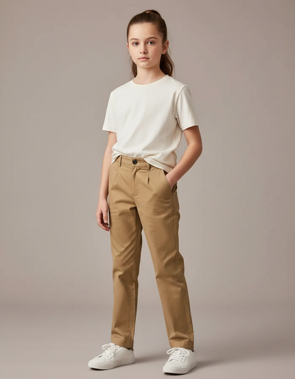Pantalon Chino Kaki Coton Plissé Droit Enfant