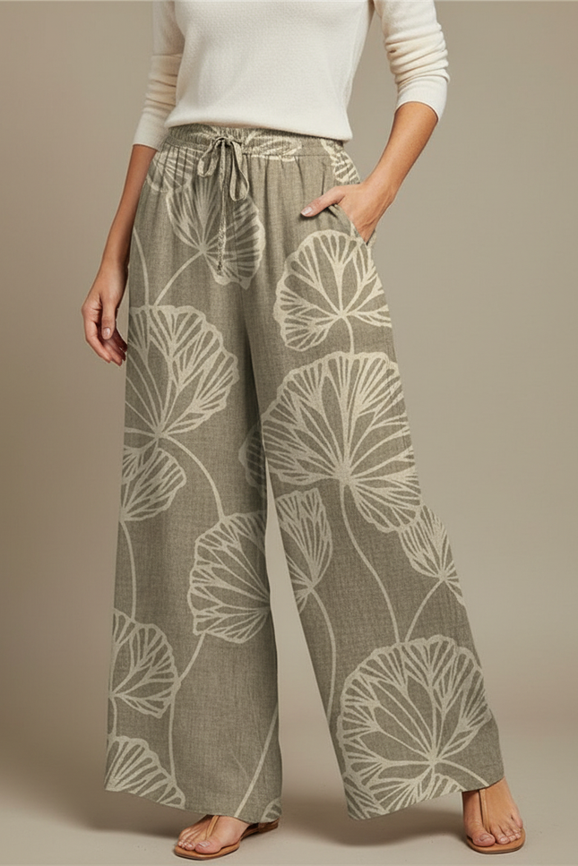 Pantalon Chino Large Imprimé Floral Beige Fluide - Kaki Lin