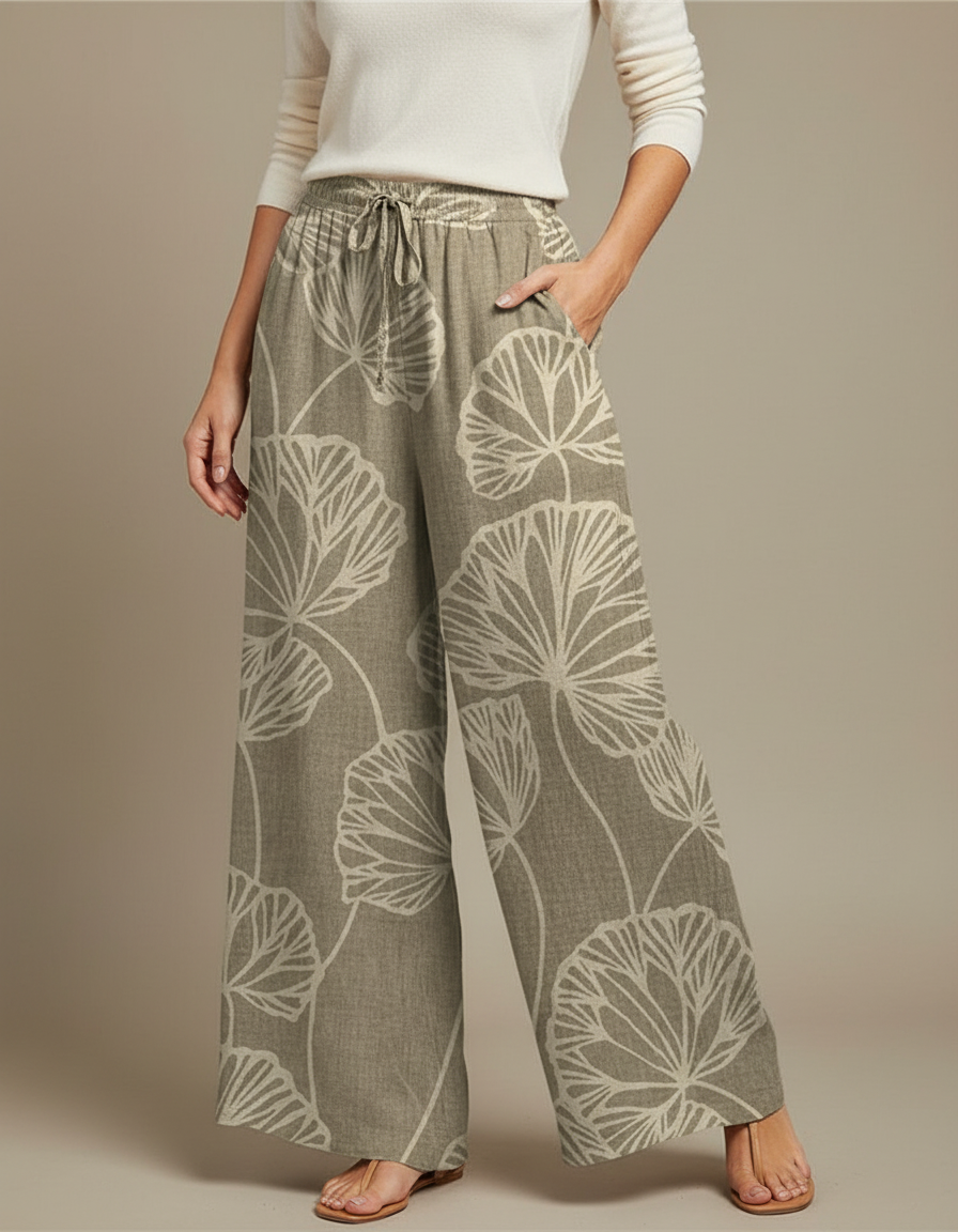Pantalon Chino Large Imprimé Floral Beige Fluide - Kaki Lin