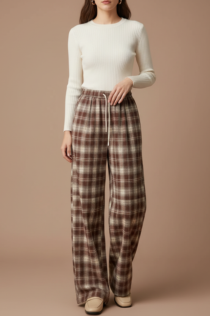 Pantalon Chino Carreaux Marron Ample Cordon Décontracté - Tweed