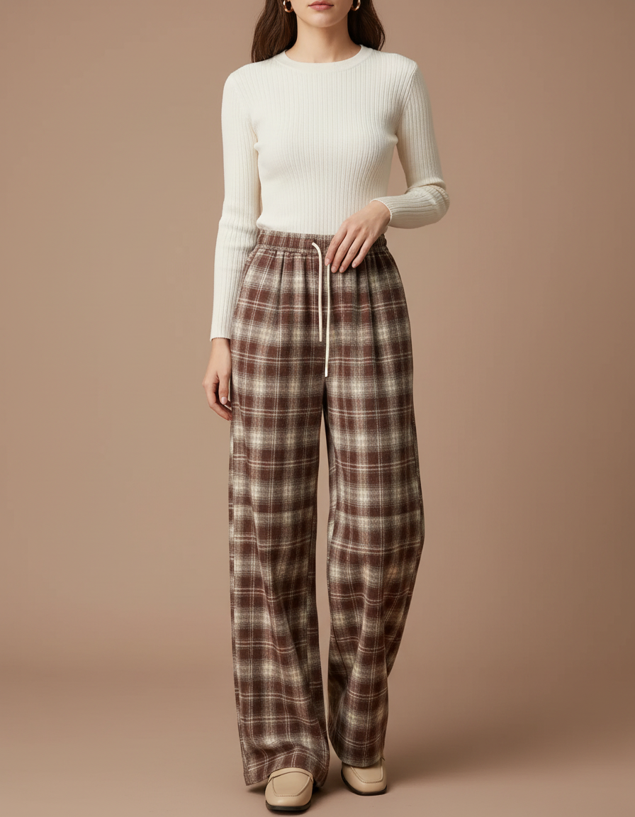Pantalon Chino Carreaux Marron Ample Cordon Décontracté - Tweed