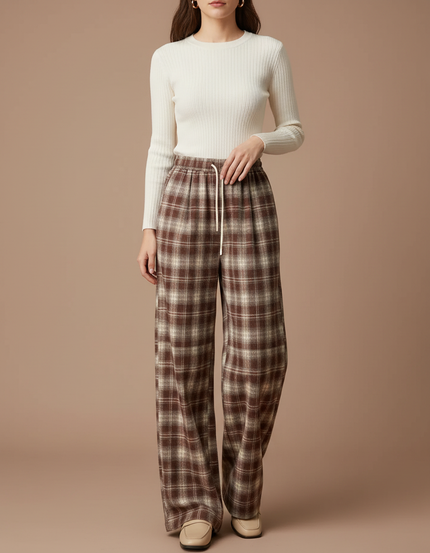 Pantalon Chino Carreaux Marron Ample Cordon Décontracté - Tweed