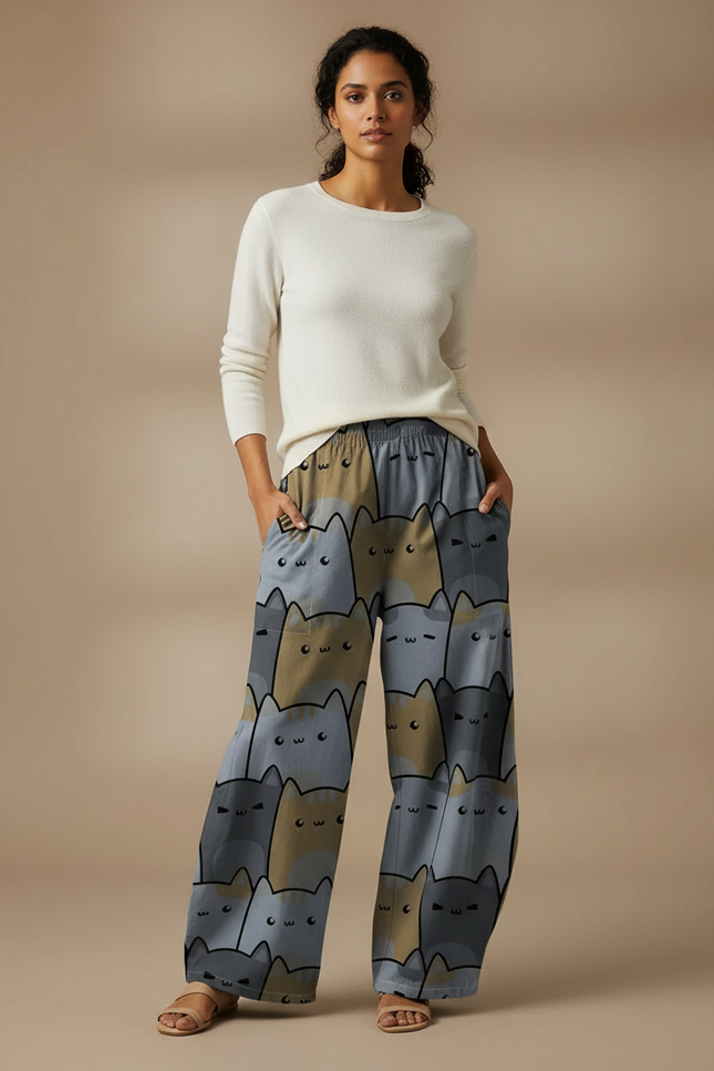 Pantalon Chino Large Imprimé Chats Fluide Décontracté - Viscose