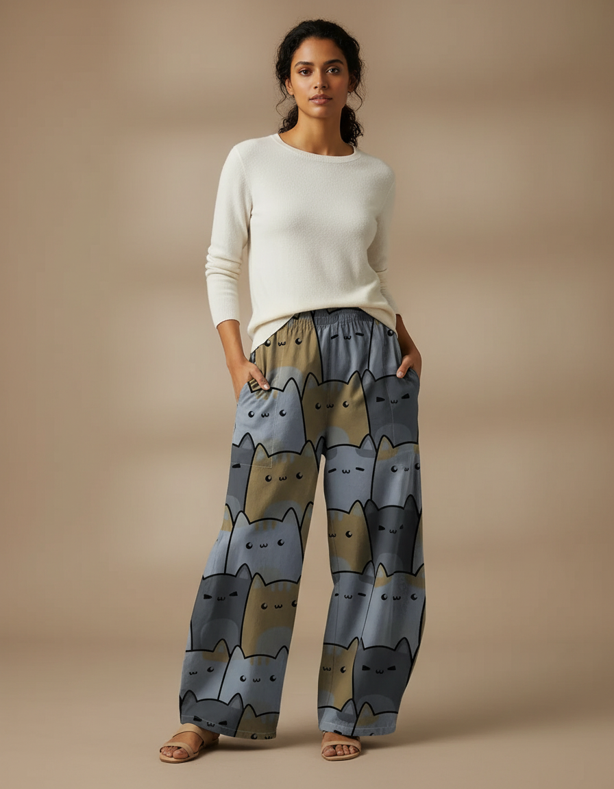 Pantalon Chino Large Imprimé Chats Fluide Décontracté - Viscose