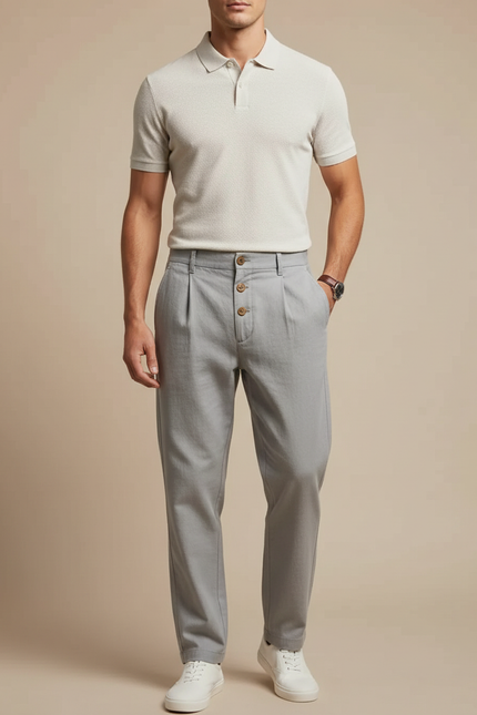 Pantalon Chino Gris Clair Lin Plissé Décontracté Homme