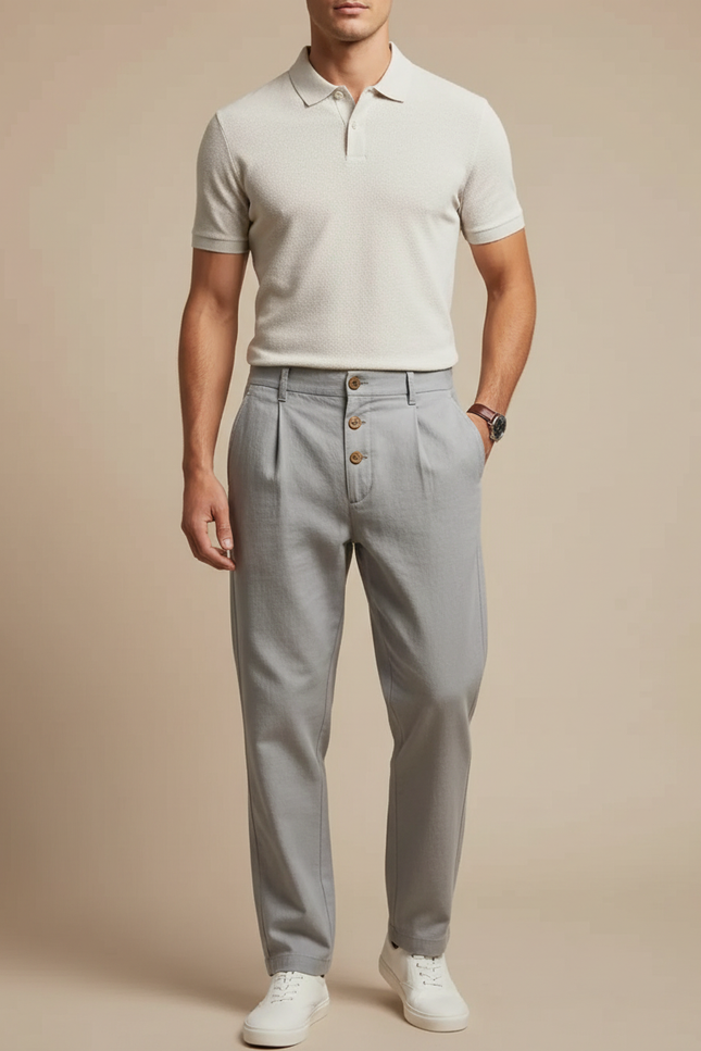 Pantalon Chino Gris Clair Lin Plissé Décontracté Homme