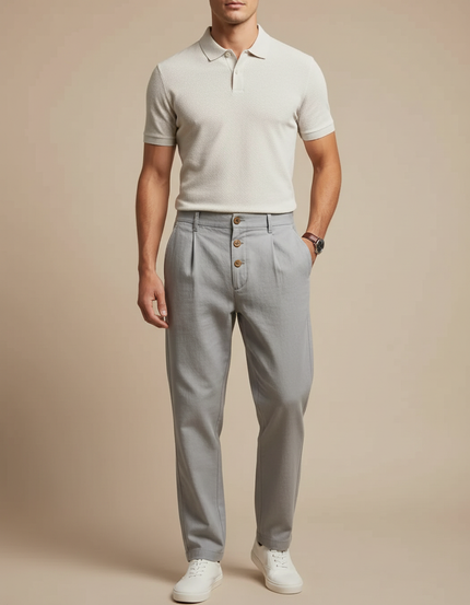 Pantalon Chino Gris Clair Lin Plissé Décontracté Homme