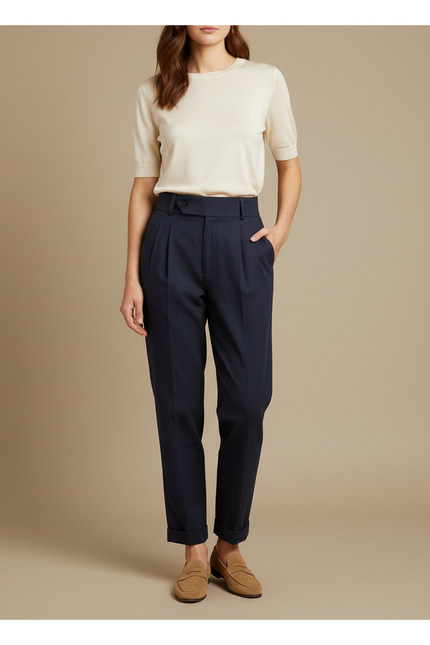 Pantalon Chino Bleu Marine Plissé Taille Haute Femme - Gabardine