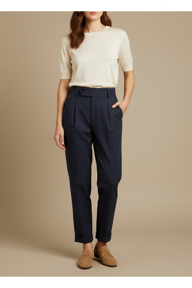 Pantalon Chino Bleu Marine Plissé Taille Haute Femme - Gabardine
