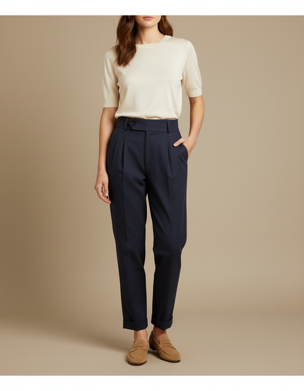 Pantalon Chino Bleu Marine Plissé Taille Haute Femme - Gabardine