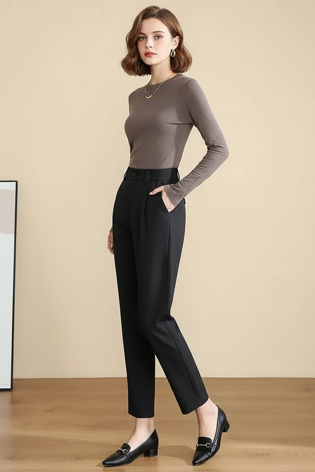 Pantalon Chino Noir Taille Haute Tapered Élégant Femme - Polyester