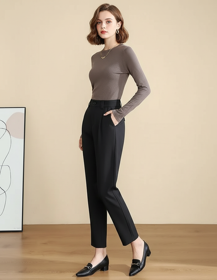 Pantalon Chino Noir Taille Haute Tapered Élégant Femme - Polyester
