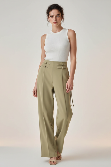 Pantalon Chino Vert Kaki Ample Décontracté Femme - Gabardine