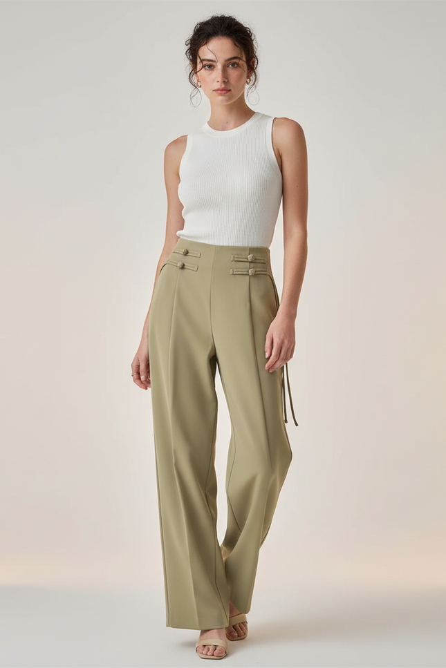 Pantalon Chino Vert Kaki Ample Décontracté Femme - Gabardine
