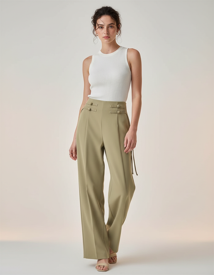 Pantalon Chino Vert Kaki Ample Décontracté Femme - Gabardine